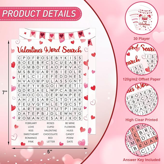30 Players Valentine's Party Games for Adults Family Office Large Groups, Valentine Parties Word Search Game Card with Answer Key, Valentines Day Classroom Activities Party Favor (Valentines Search)