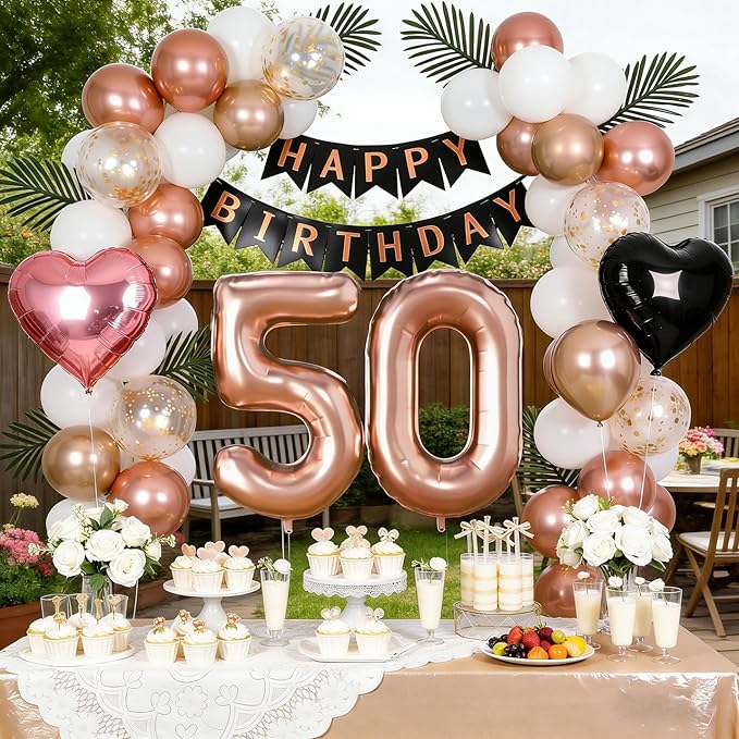 50th Birthday Decorations for Women - Rose Gold, Black and Hot Pink Party Supplies Set with Happy 50th Banner, Number 50 Balloons and Foil Fringe Curtains - 50 Year Old Celebration Kit