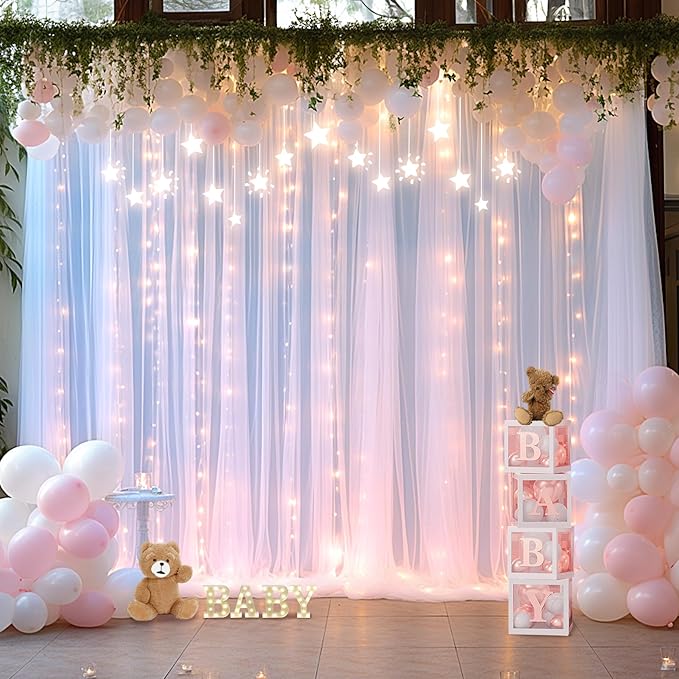 10×15ft White Tulle Backdrop Curtain with Lights String for Parites Sheer Fabric Backdrop Curtains White Curtain Backdrop for Wedding Baby Shower Birthday Party Bridal Shower Photo Shoot Background