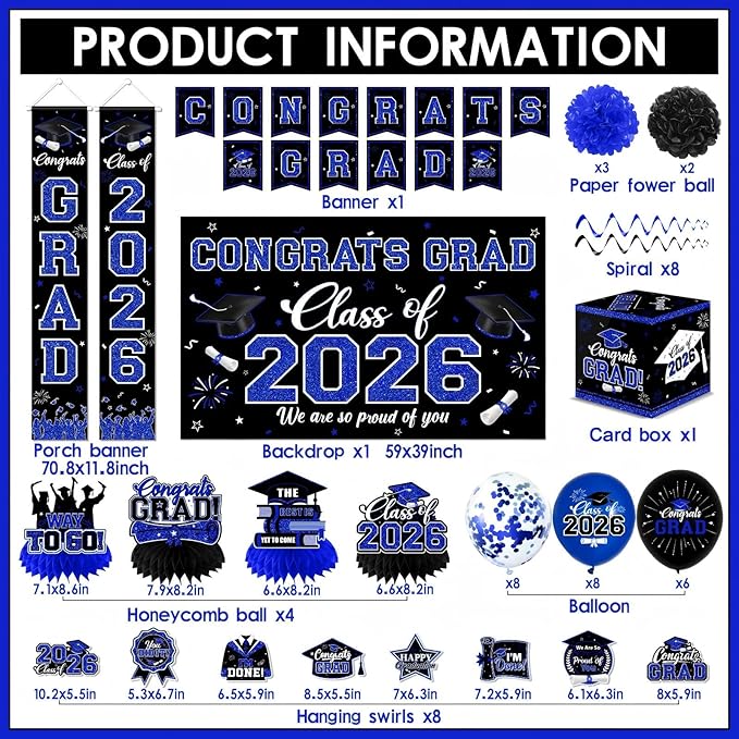 Graduation Decorations Class of 2026,Blue Graduation Decorations 2026- Congrats Grad Decorations Banner ＆ Hanging Swirls,Graduation Card Box,Paper Pompoms,Balloons,Porch Sign for College Grad Party