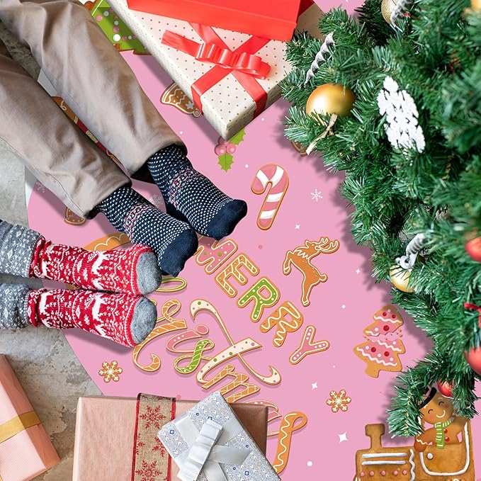 Capoda Pink Christmas Tree Skirt Gingerbread Man Candy Christmas Tree Skirt 48 Inch Xmas Tree Mat Gingerbread Christmas Tree Skirts Mat for Holiday Christmas Party Decorations Indoor Outdoor