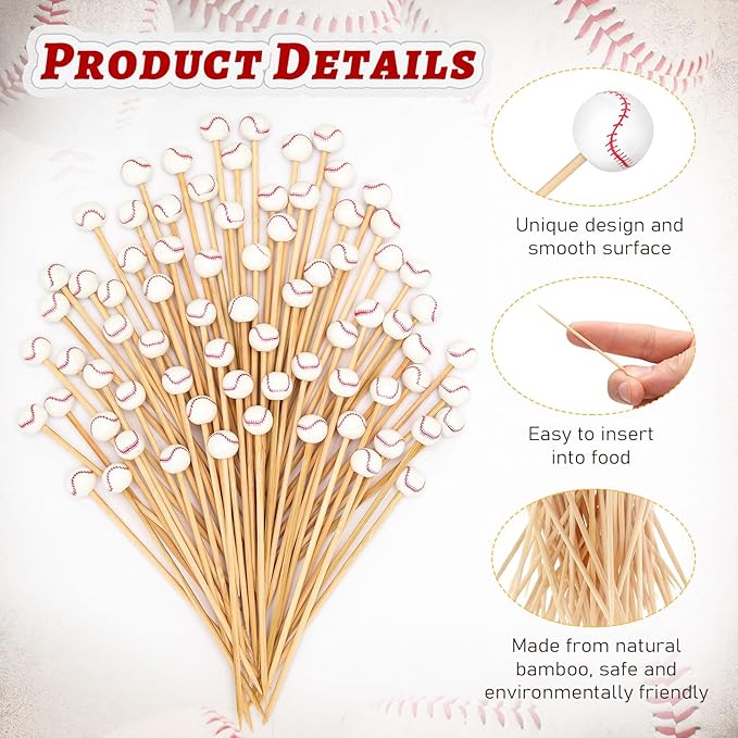 100 Pcs Baseball Toothpicks, 4.72 Inch Baseball Cocktail Picks for Appetizers, Long Bamboo Toothpicks, Decorative Toothpicks Skewers for Holiday Birthday Party Decorations (Baseball 3D)