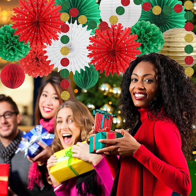 Christmas Decoration White Snowflake Paper Fans Paper Honeycomb Ball Lanterns Red Green Gold Circle Dot Garland for Christmas Party Supplies Xmas New Year Decorations