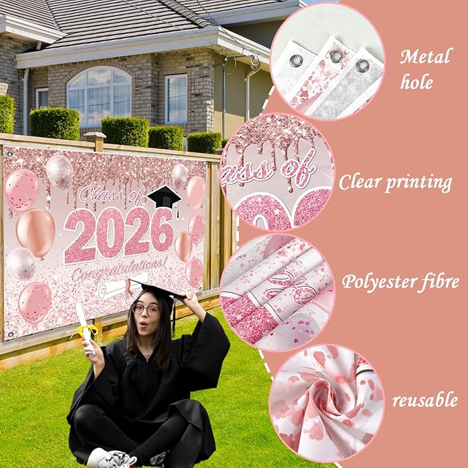 Pink Graduation Decorations Class of 2026, Rose Gold 2026 Graduation Party Decorations, Class of 2026 Paper Pompoms Paper Tassels Backdrop and Balloons for Class of 2026 Party Supplies