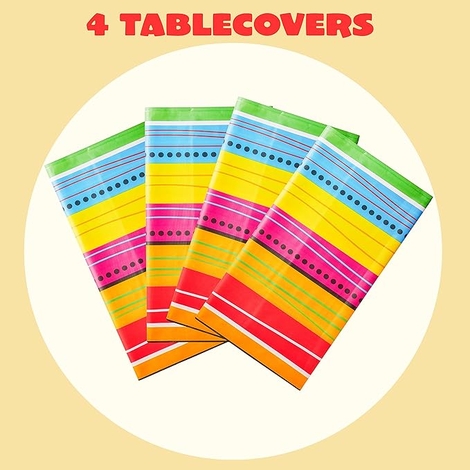 JOYIN 4 pcs Cinco De Mayo Printed Plastic Tablecover for Fiesta Decor, Muti-Colored (54 x 108 INCHES) Tablecloth for Fiesta Decorations, Taco Night, Birthday, and Mexican Themed Party