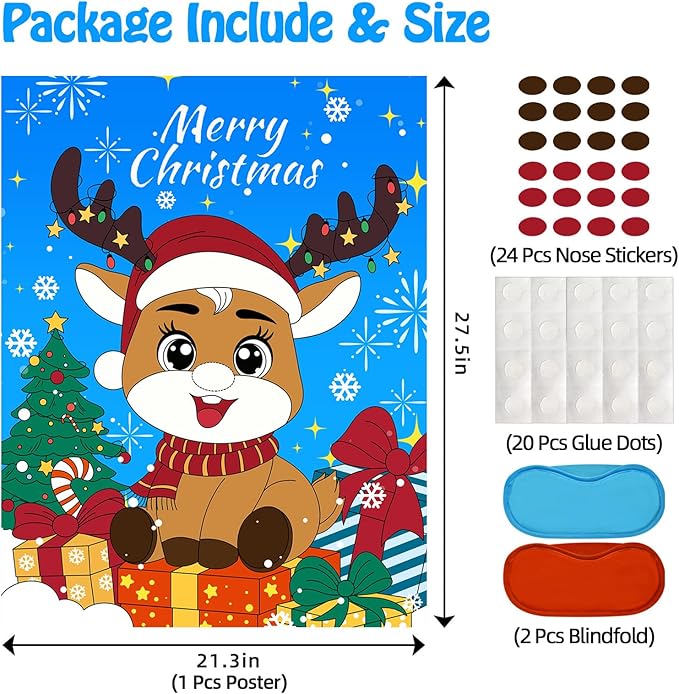 Christmas Games - Pin The Nose on The Reindeer Games for Families Party, Cute Indoor Christmas Home Decor Party Decorations, Xmas Activities Presents Holiday Decor, Blue