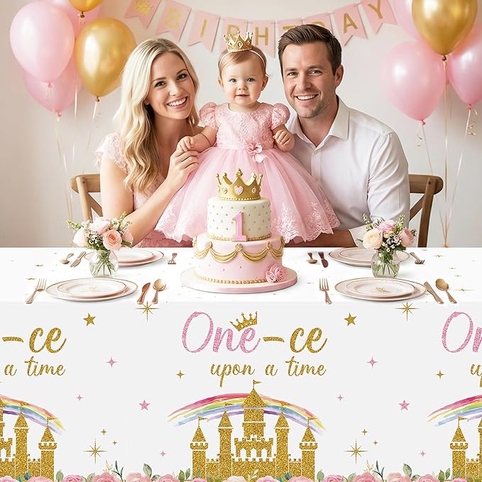 K1tpde Princess 1st Party Tablecloth - 3PCS One-ce Upon A Time Birthday Plastic Tablecloth for Girls, Princess Castle Party Floral Disposable Tablecover for Baby Shower Castle Fairytale Party Supplies