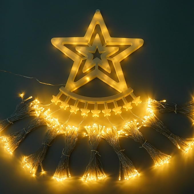 Outdoor Christmas Decorations 350 LEDs Christmas Lights with 9 Strands 11.5ft Waterfall Christmas Tree Lights, 8 Modes,Waterproof,Topper Star for Yard Patio Xmas Wedding,Party,New Year (Warm White)