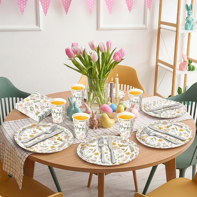 Vesici 150 Pcs Easter Bunny Oval Paper Plates and Napkin Set Bunny Tableware 10'' x 12'' Large Disposable Heavy Duty Rabbit Green Leaves Dessert Plates Cups Napkins for Spring Easter Party Supplies