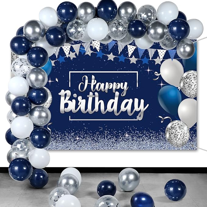 Tatuo Navy Blue Birthday Confetti Balloons Kit Set Photography Backdrop Banner Package for Boys Girls Men Women Birthday Party Decorations Supplies(Navy Blue and Silver)