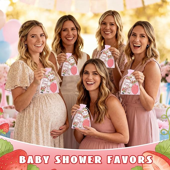 Loopeer 30 Set/150 Pcs Strawberry Baby Shower Favors for Guests Gifts Hand Cream Lip Balm Soap Party Favors Gifts Travel Size with Organza Bags, Thanks You Card for Baby Shower Birthday Wedding