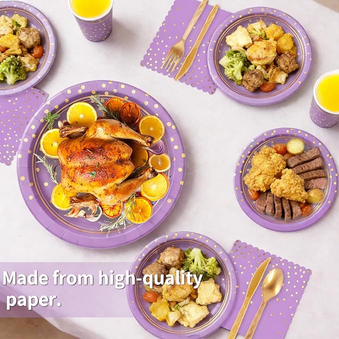 OuMuaMua Purple Gold Disposable Plates Party Supplies for 24 Guests, 168 Pcs Purple Plates, Cups and Napkins with Utensils Set for Birthday Baby Shower Graduation Lavender Party Decorations