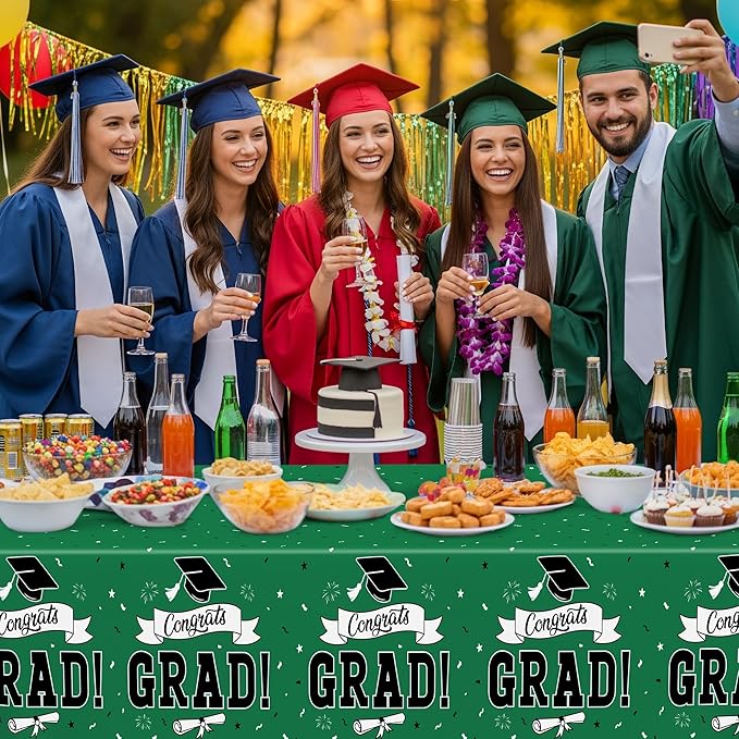 QZYL 2 PCS Graduation Tablecloth, 108" X 54" Green Graduation Table Decorations 2026, Rectangle Table Cloths for Class 2026 Congrats Grad, Disposable Plastic Tablecover for Grad Decor Party Supplies