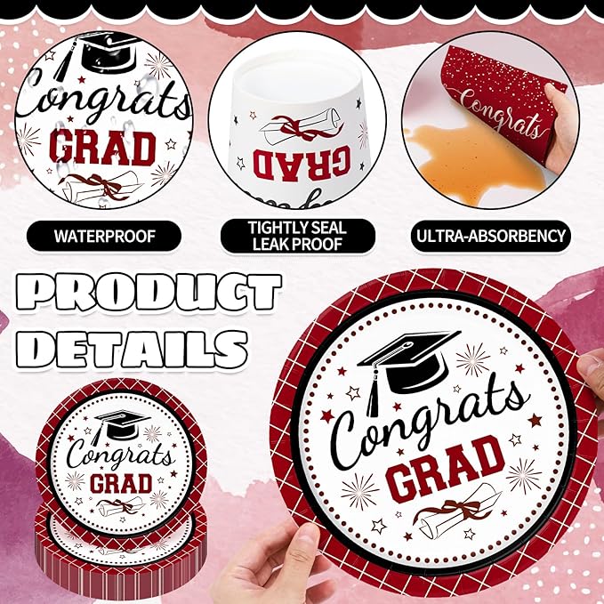 Whaline 175 Pcs Graduation Paper Plates and Napkins Set Dinnerware Maroon Congrats Grad Disposable Tableware Cups and Cutlery for 25 Guests Graduates Party Supplies