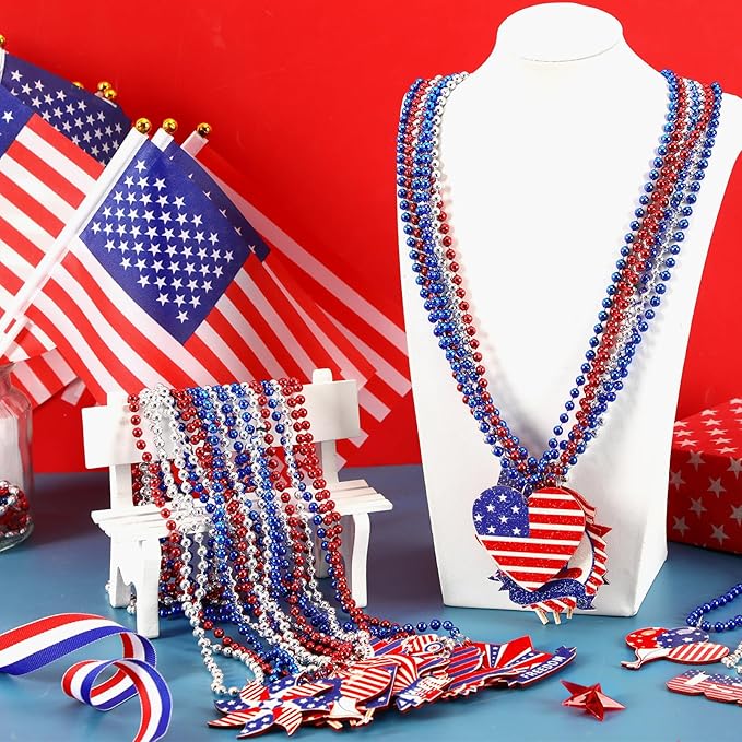 NOVWANG 24 Pcs Patriotic Beaded Necklaces Veterans Day Necklace Bulk with Felt Pendant in 12 Classic Styles for 4th of July Independence Day Memorial Day Veterans Day Party Supplies