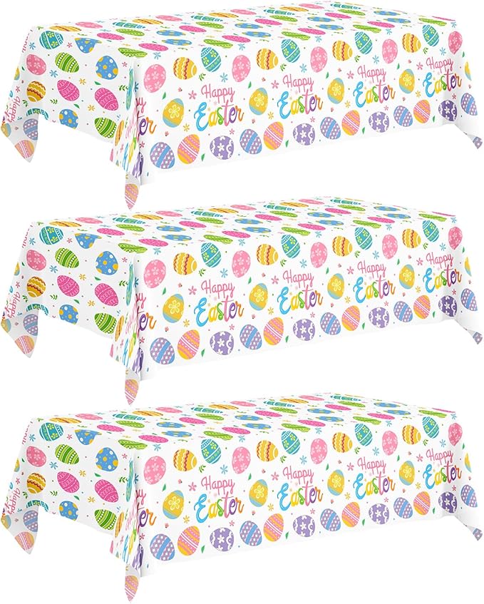 3-Pack Easter Egg Disposable Plastic Tablecloths – 54 x 108 Inch Rectangular Table Covers for Spring Parties and Holiday Decor