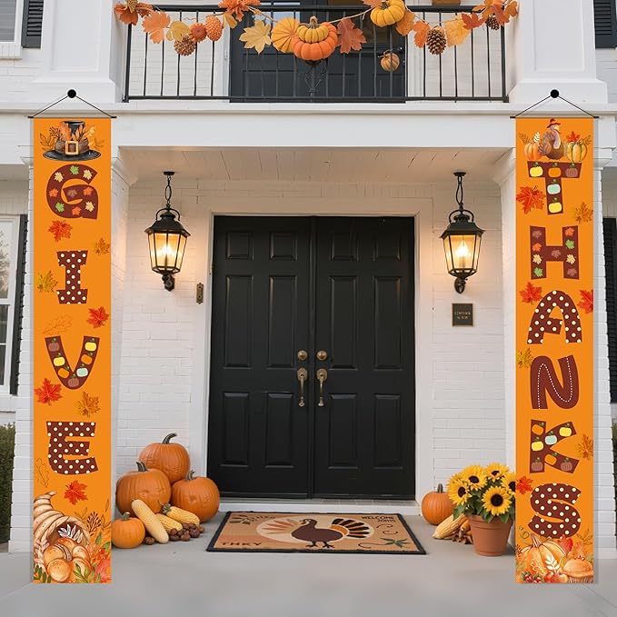 OHOME Thanksgiving Decorations - GIVE THANKS Porch Banner | Fall Decor for Indoor Outdoor Outside - Friendsgiving Party Decorations Autumn Pumpkin Welcome Door Sign for Home Yard Wall