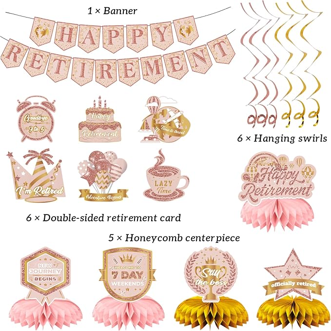 12Pcs Retirement Party Decorations for Men Women Rose Gold Happy Retirement Banner Honeycomb Centerpiece Swirls Party Supplies Retired Farewell Party Set Work Graduation Party Decorations