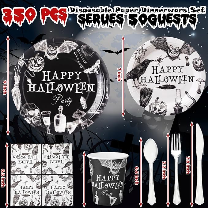350 Pcs Happy Halloween Party Favor Vintage Halloween Decoration Disposable Tableware for 50 Guests 100 Pumpkin Skull Plates 50 Crows Bats Napkins 50 Cups 50 Sets Knives Fork Spoon