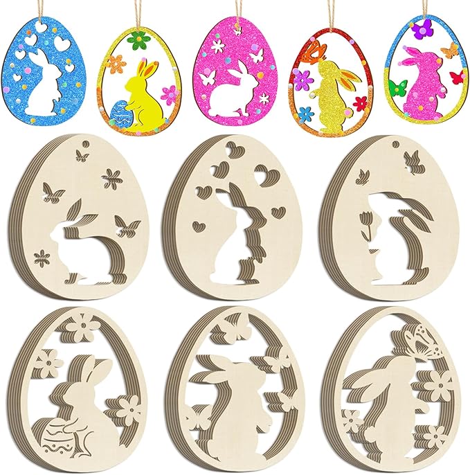 36PCS Wooden Easter Ornaments to Paint, 6 Styles DIY Blank Unfinished Wood Egg Cutouts Ornament for Crafts Hanging Decorations Happy Easter Hallow Egg Rabbit Bunny Butterfly Flower Hen