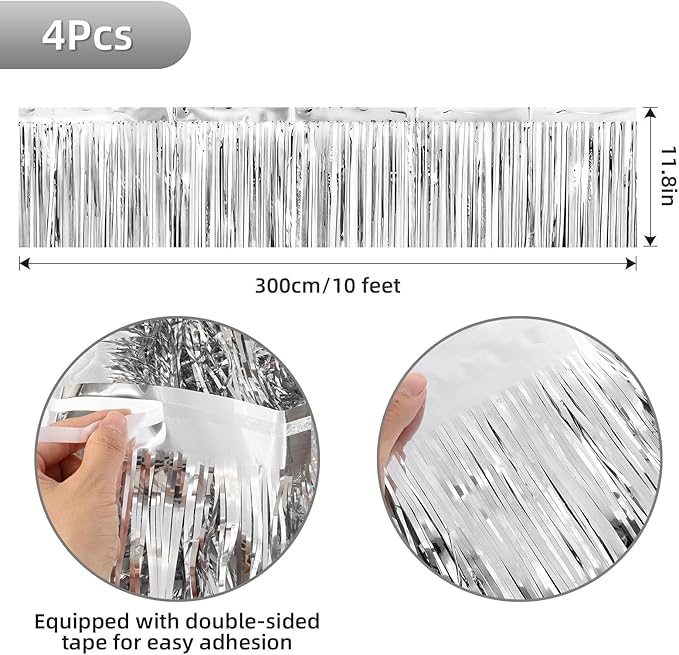 4 Packs Foil Fringe Garland Tinsel Streamers Shiny Wall Hanging Birthday Banner Backdrop for Graduation Wedding Anniversary Celebration Happy Birthday Party Decorations Silver
