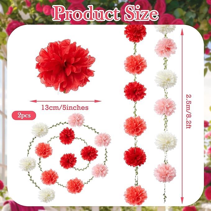 XIANNVXI Pink Tissue Paper Pom Pom Garlands Artificial Flowers Hanging Decorations 8.2ft Hanging Flowers Garland for Wedding Birthday Bridal Shower Party Spring Decorations 2PCS（Rose Pink Gradient）