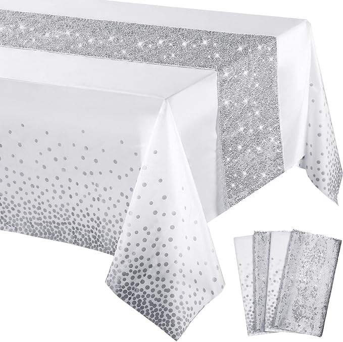 Irenare Tablecloth and Sequin Table Runner Set Polka Dots Confetti Table Cover Dining Plastic Tablecloths Glitter Decorations for Birthday Wedding Anniversary Party Supplies(White, Silver,4 Pcs)