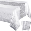 Irenare Tablecloth and Sequin Table Runner Set Polka Dots Confetti Table Cover Dining Plastic Tablecloths Glitter Decorations for Birthday Wedding Anniversary Party Supplies(White, Silver,4 Pcs)