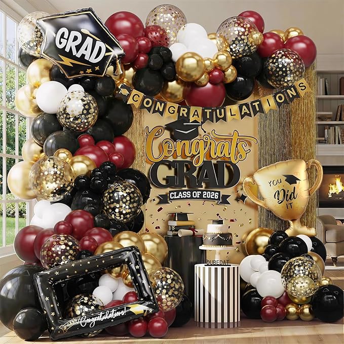 Burgundy Black White Balloon Arch Kit 164Pcs with Gold Confetti Balloon for Orange and Black Birthday Party Decorations Graduation Party Birthday Party