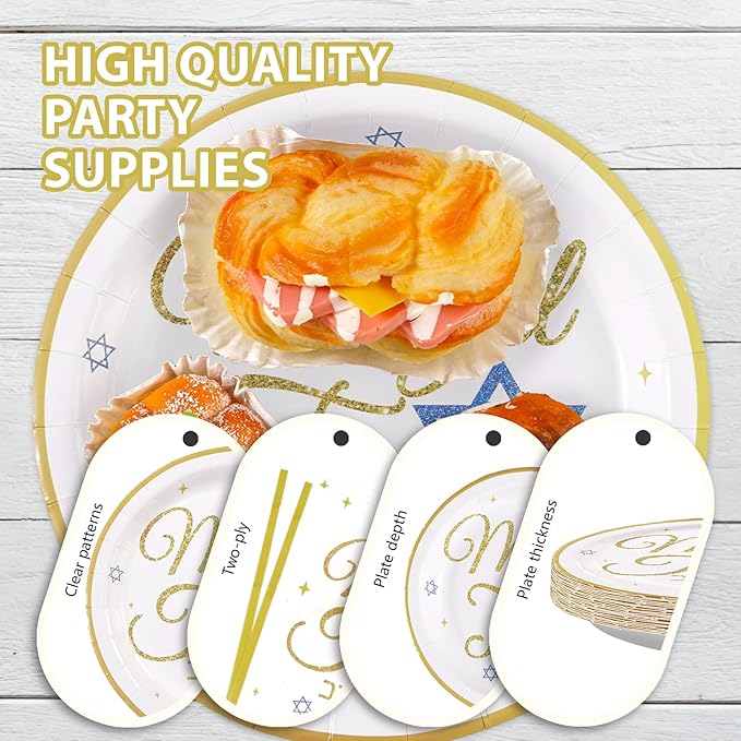 96Pcs Mazel Tov Party Decorations Congratulations Plates and Napkins Gold Blue Disposable Paper Tableware Set for Bar Mitzvah Bat Mitzvah Jewish Birthday Wedding Engagement Party Supplies Serves 24