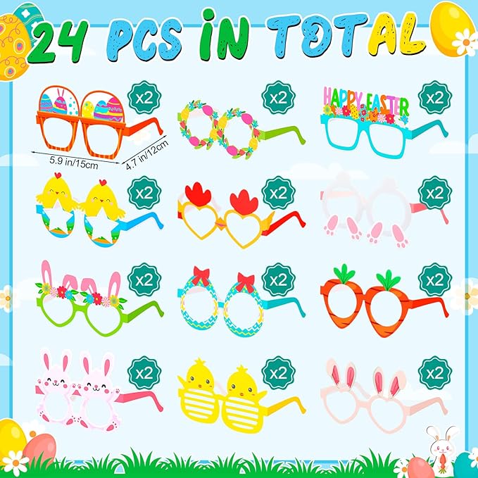 24 Pcs Easter Party Paper Glasses Frame Funny Bunny Ears Colorful Eggs Chick Eyeglasses for Easter Party Favors Decorations Photo Booth Props Basket Stuffers
