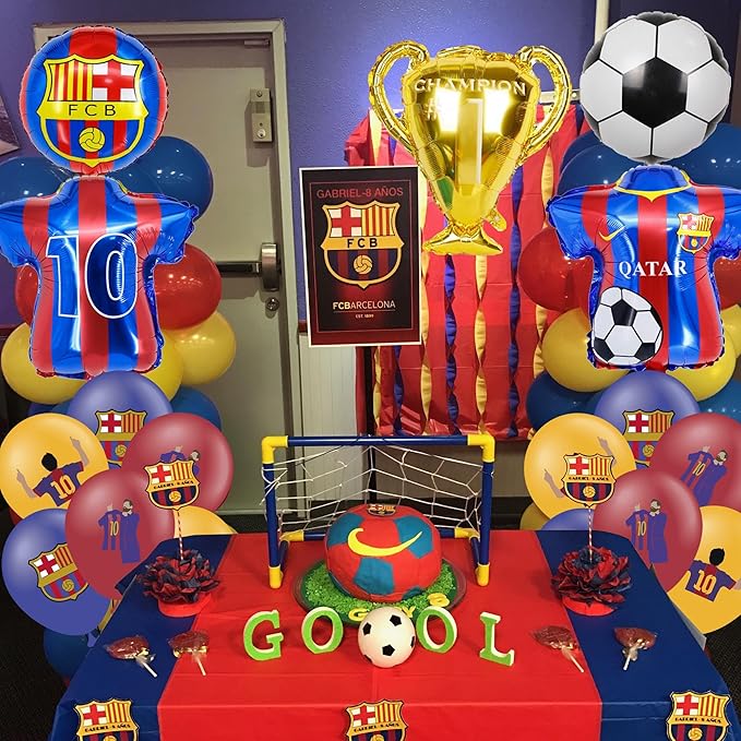 Soccer Theme Birthday Party Decorations Include 12pcs Latex Balloon, 5pcs Foil Balloons, Barcelona Theme Balloons for Party Favors, Messi Birthday Party Supplies
