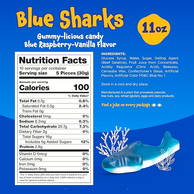 Gummy Sharks - 11 Ounce Bag - Blue Shark Gummies - Raspberry Marshmallow Flavor - Blue Candy for Goodie Bags, Gifting, Snacking and Dessert Decorating