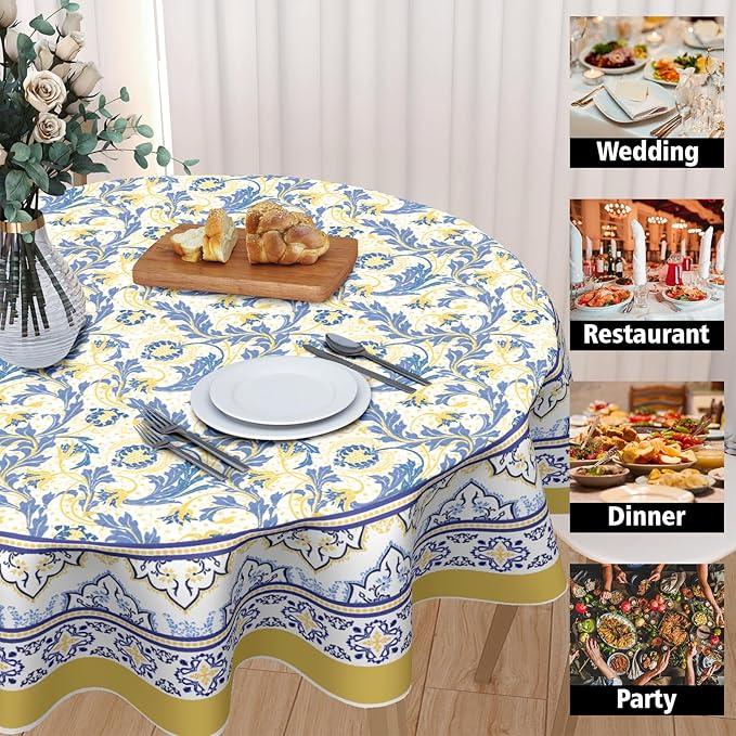 Yellow and Blue Floral Tablecloth Round 60 Inch Farmhouse Boho Tablecloth Spring Summer Fabric Table Cloth With Wrinkle Resistant For Kitchen Holiday Picnic Party Dinner Room Indoor Outdoor Decor