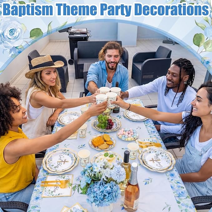 Pickmesh 194 Pcs God Bless Baptism Party Decoration Boy for 24, Blue Floral Baptism Paper Plate Napkin Cup Tablecloth Cutlery First Holy Communion Tableware for Christening Baby Shower Supplies