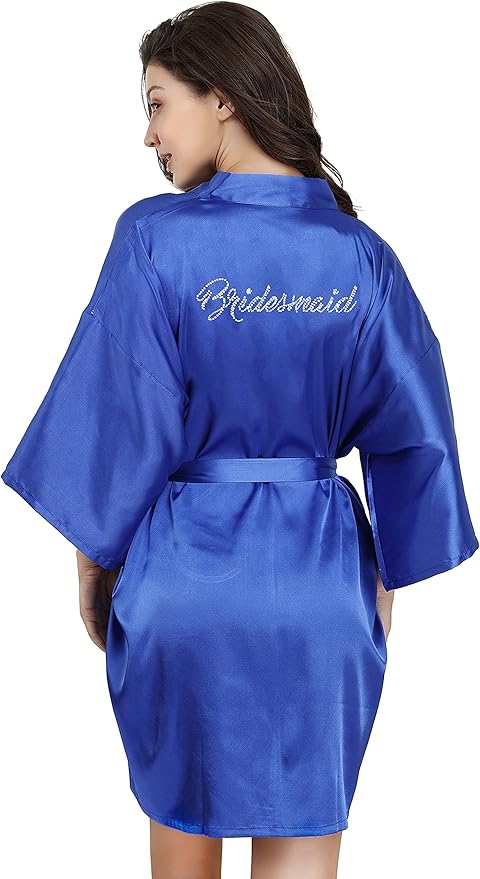 EPLAZA Women's One Size Silver Rhinestones Bride Bridesmaid Short Satin Robes for Wedding Party Getting Ready