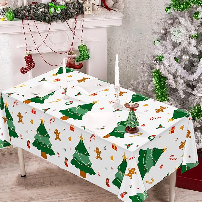Hxezoc Disposable Plastic Christmas Tree Tablecloth, 54 x 108 Inches Christmas Party Table Cover for Xmas Winter Holiday New Year Home Dinner Decorations