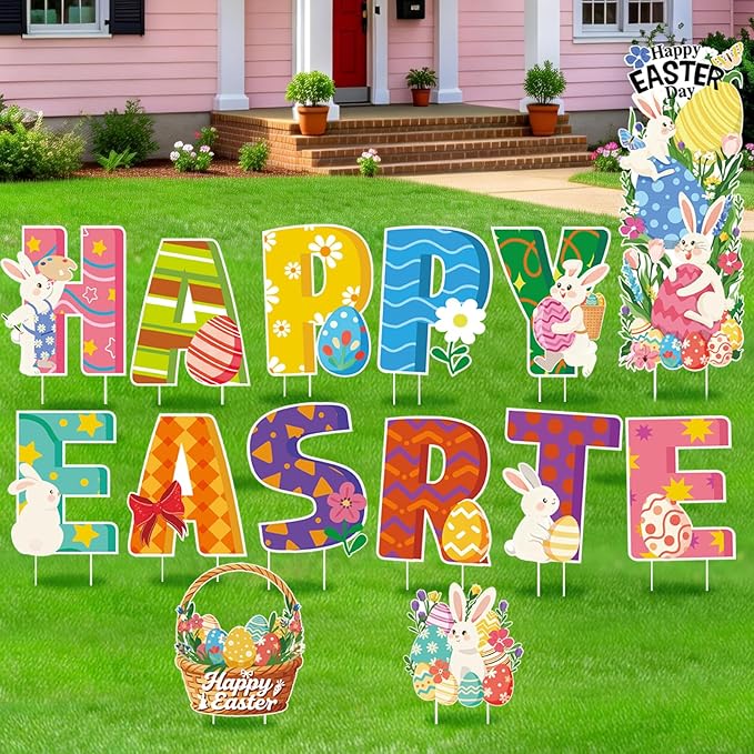 15PCS Happy Easter Yard Signs Set, 34” Large Happy Bunny & Egg Outdoor Easter Decorations on H-Shaped Metal Stand, Outdoor Lawn & Garden, Easter Party, Pathway, Patio, Spring Holiday