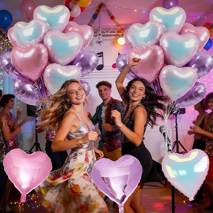 Pink Purple Iridescent Heart Balloons, 12 Pcs Light Pastel Pink Lavender and Transparent Crystal Heart Shape Foil Balloon for Princess Birthday Baby Shower Bachelorette Easter Mother’s Day Music Party