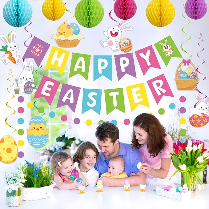 Pre-strung Easter Party Decorations Happy Easter Banner with Honeycomb Balls Egg Bunny Hanging Swirls Colorful Circle Dots Garland for Spring Party Home Classroom Office Hanging Decoration