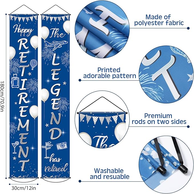 Boao Retirement Porch Sign Door Hanging Banner, Retirement Banner the Legend Fabric Door Sign Background for Retire Party Decoration Supplies, 71 x 12 Inches(Blue and Silver)