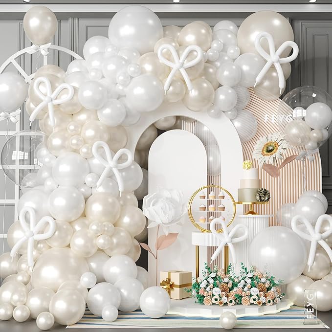 Pearl White Balloon Garland Arch Kit, Pearl Sand White and Pearl White Latex Balloons Long Balloons with Different Sizes for Wedding Engagement Bridal Shower Birthday Baby Shower Party Decoration