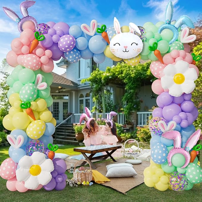Bonropin 162pcs Easter Balloon Arch Kit - Pastel Balloon Garland with Bunny, Ears, Daisy Foil, Printed Balloons for Baby Shower Party, Spring Birthday, Easter Decorations
