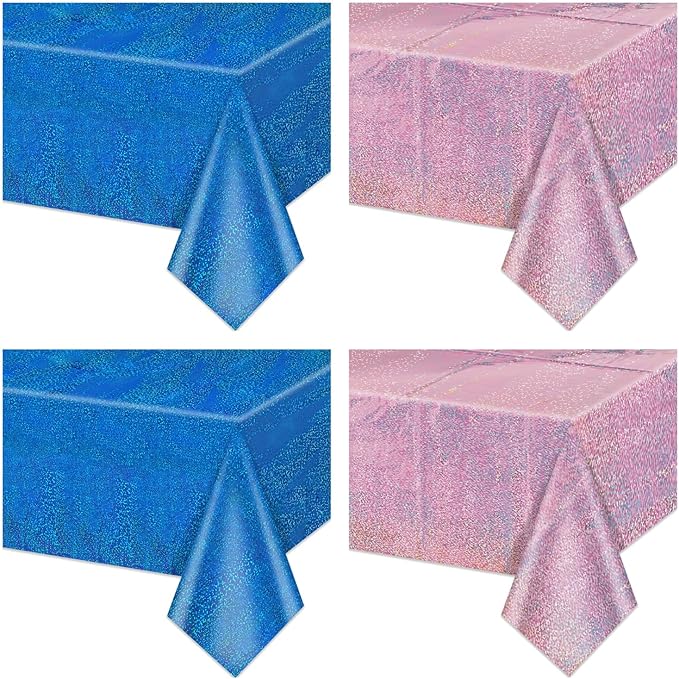 2Pcs Pink & 2Pcs Blue Holographic Tablecloths Rectangular Pink and Blue Iridescent Shimmer Metallic Table Covers for Baby Shower Gender Reveal Decorations Boy or Girl Birthday Supplies, 54 x 108inch