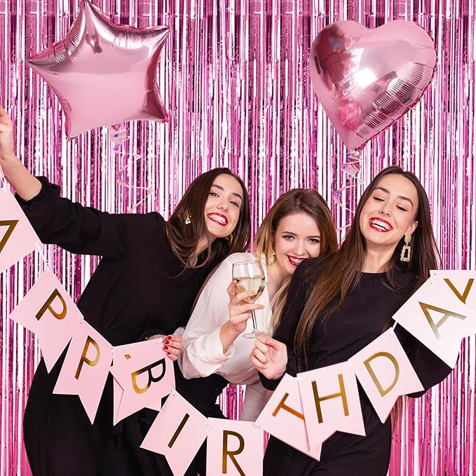 RUBFAC 2 Pack Pink Foil Fringe Curtains Party Decorations Tinsel Metallic Streamers Photo Booth Streamer for New Year Decorations Bachelorette Wedding Engagement Baby Shower Birthday Holiday