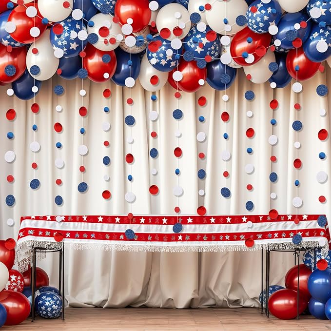 Outus 10 Pieces Blue,White,Red Round Dots Garland Easter Graduation Party Hanging Decor Each Length 13.1ft Glitter Paper Dot Streamers for Birthday Wedding Classroom