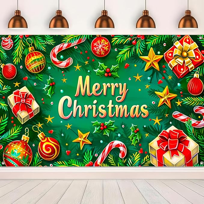 Christmas Banner Merry Christmas Decoration Green Red Holiday Wall Backdrop Festive Ornaments Gift Candy Cane Tree Decor for Home Office Party Indoor Outdoor 71 X 43 Inches