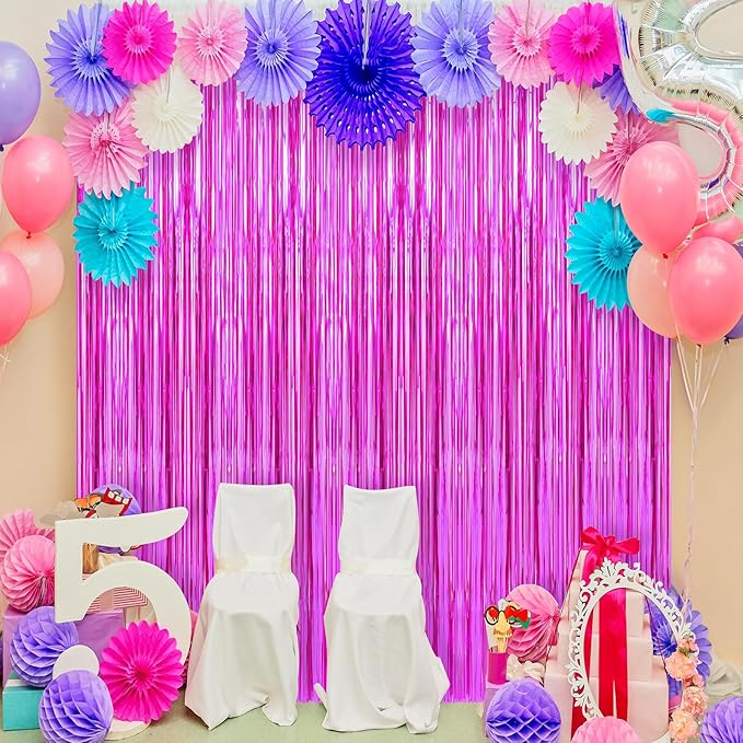 2 Pack Hot Pink Foil Fringe Curtains Streamers Party Decorations 3.3 x 8.2 ft, Tinsel Curtain Fringe Backdrop for Parties, Door Fringe Birthday Streamers, Photo Booth Backdrops, Party Decor