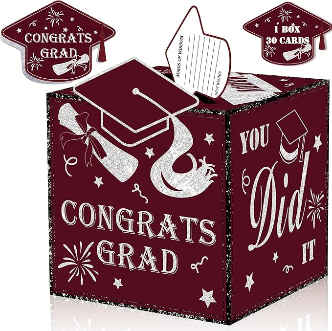AYGXU Graduation cards 2026 with Graduation Card Box Holder,Congrats Grad Foldable Cardboard Decorations Box for Graduation party,graduation money box,School College Graduation Party-maroon box.