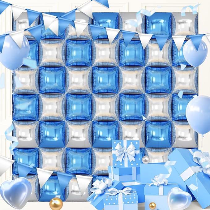50PCS Blue and Silver Balloon Wall, 19'' Reusable DIY Mylar Double Side Square Balloons Garland Tunnel Arch Kit for Baby Shower Anniversary Bachelorette Birthday Engagement Bridal Decor